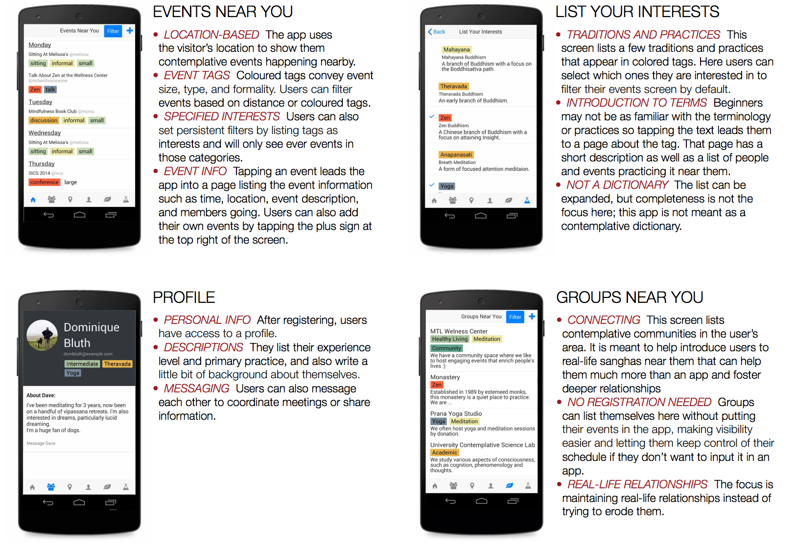 Four screenshots of the pocketsangha application