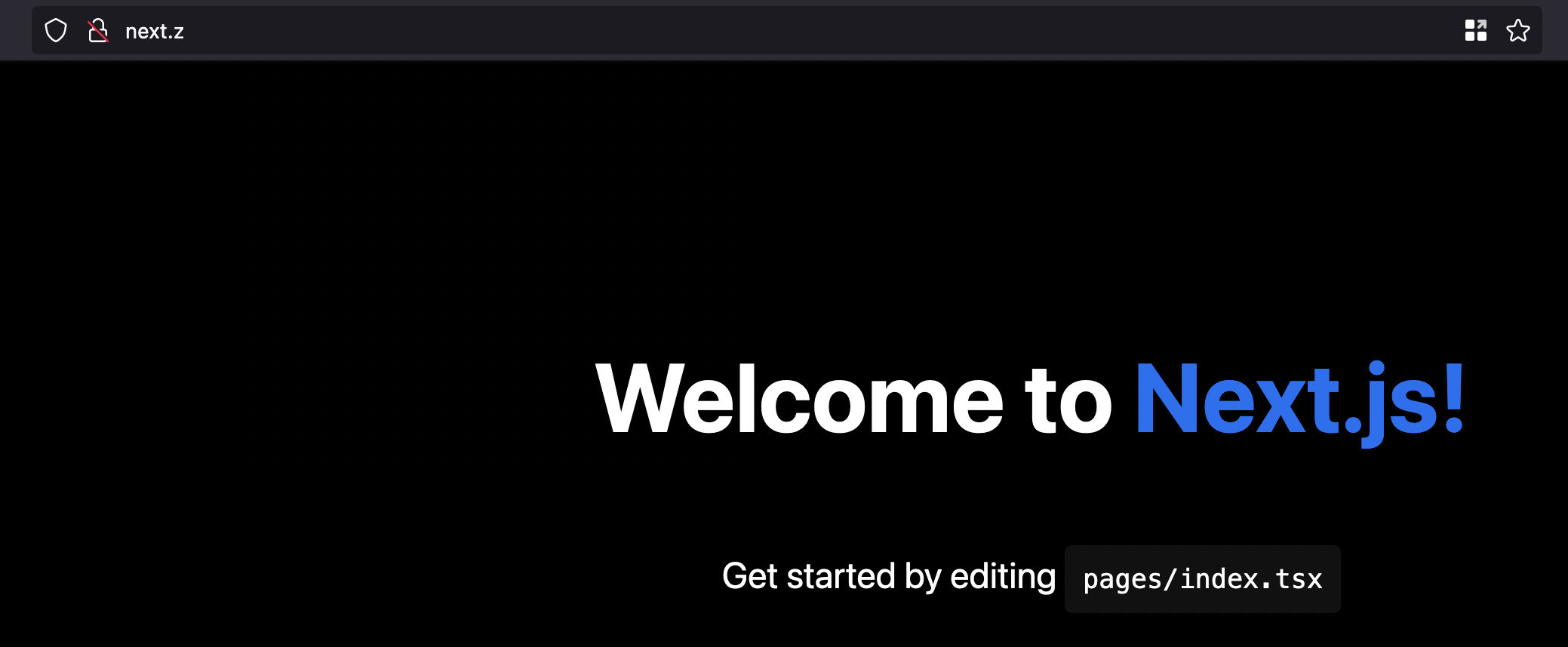 A screenshot of Firefox with next.z in the URL bar, showing the Nextjs welcome screen.