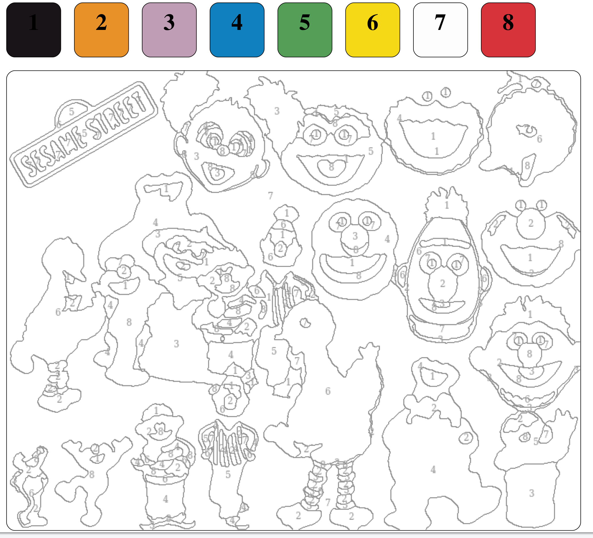 A paint by number template:The sesame street characters are outlined, and the color to paint them is written in each section of the outline